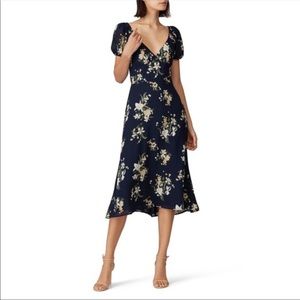 Reformation Kacey Short Puff Sleeve V-Neck Floral Printed Midi Dress Navy Sz 4